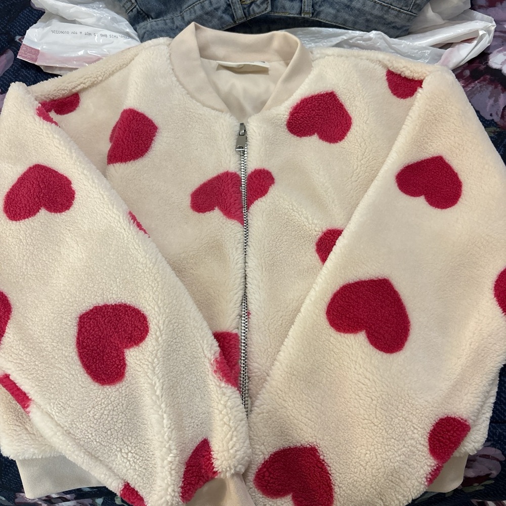 Cream Jacket with Red Heart Pattern